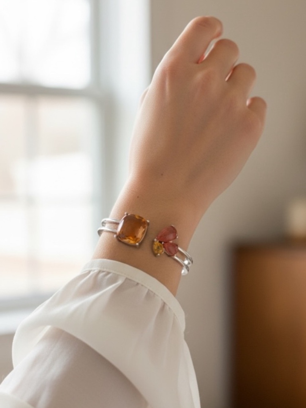 Sterling Silver Cuff Bracelet with Amber and Pink Gemstones